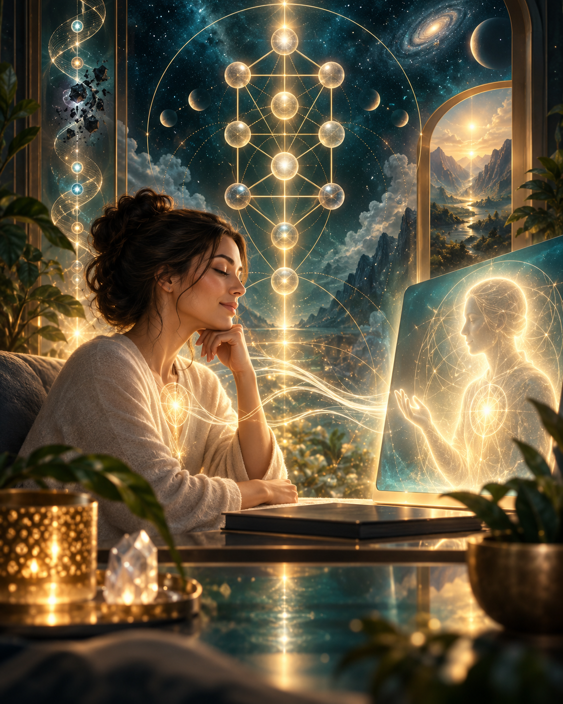Representación artística de una mentoría espiritual por videollamada con símbolos de Kabbalah y energía cósmica