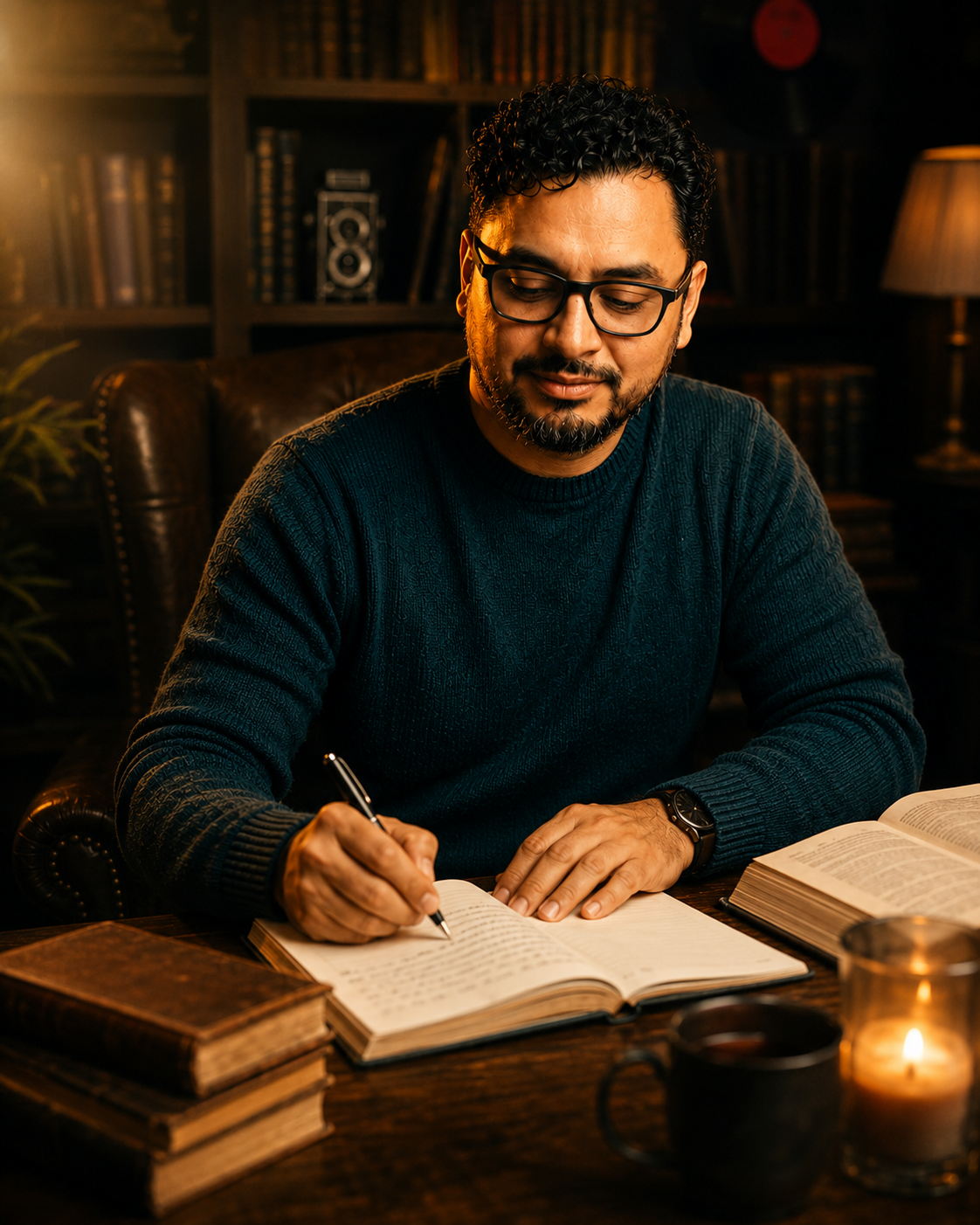 Christian estudiando y escribiendo durante su práctica espiritual