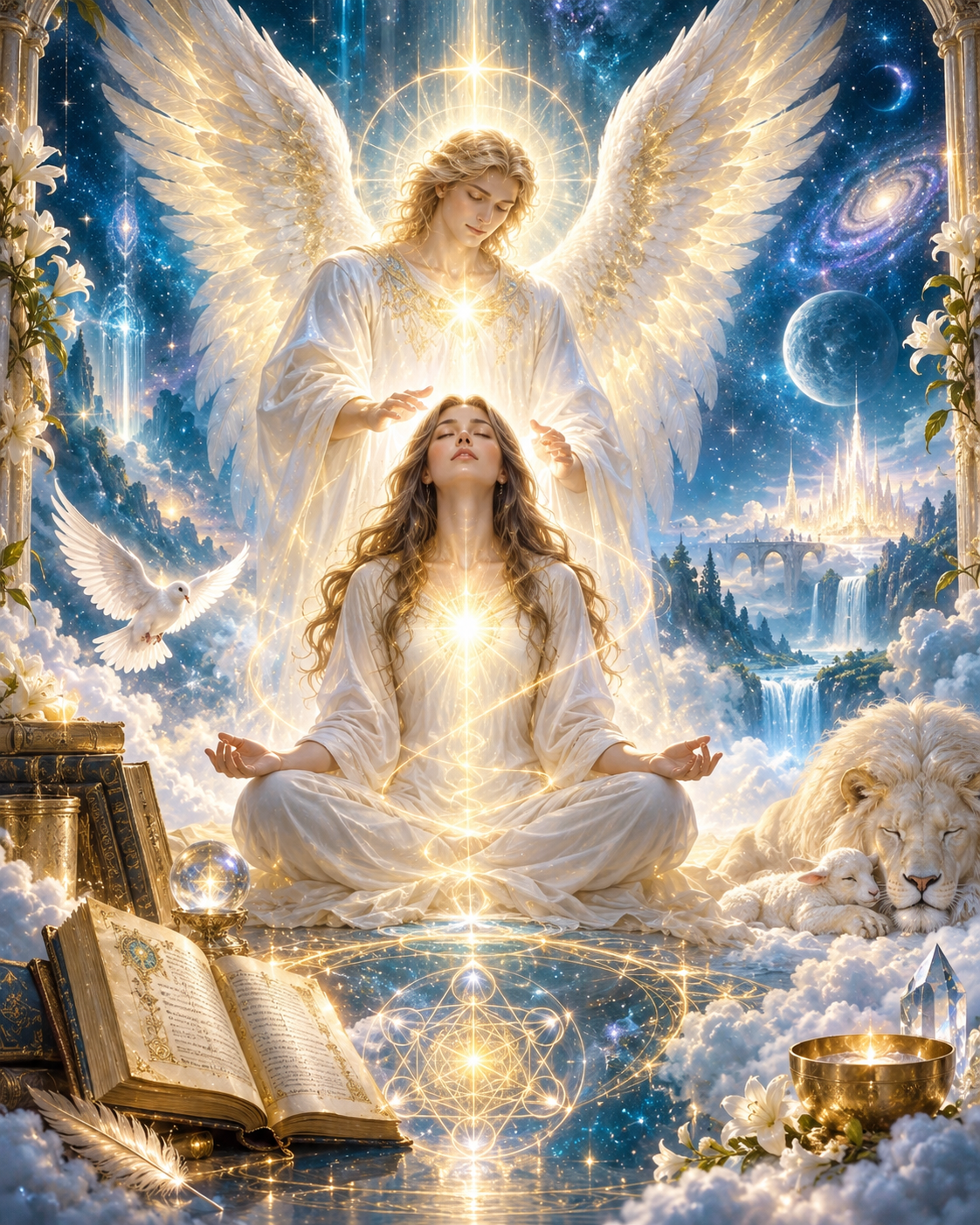 Ilustración espiritual de un ángel luminoso acompañando a una persona en meditación, con símbolos sagrados y un libro abierto