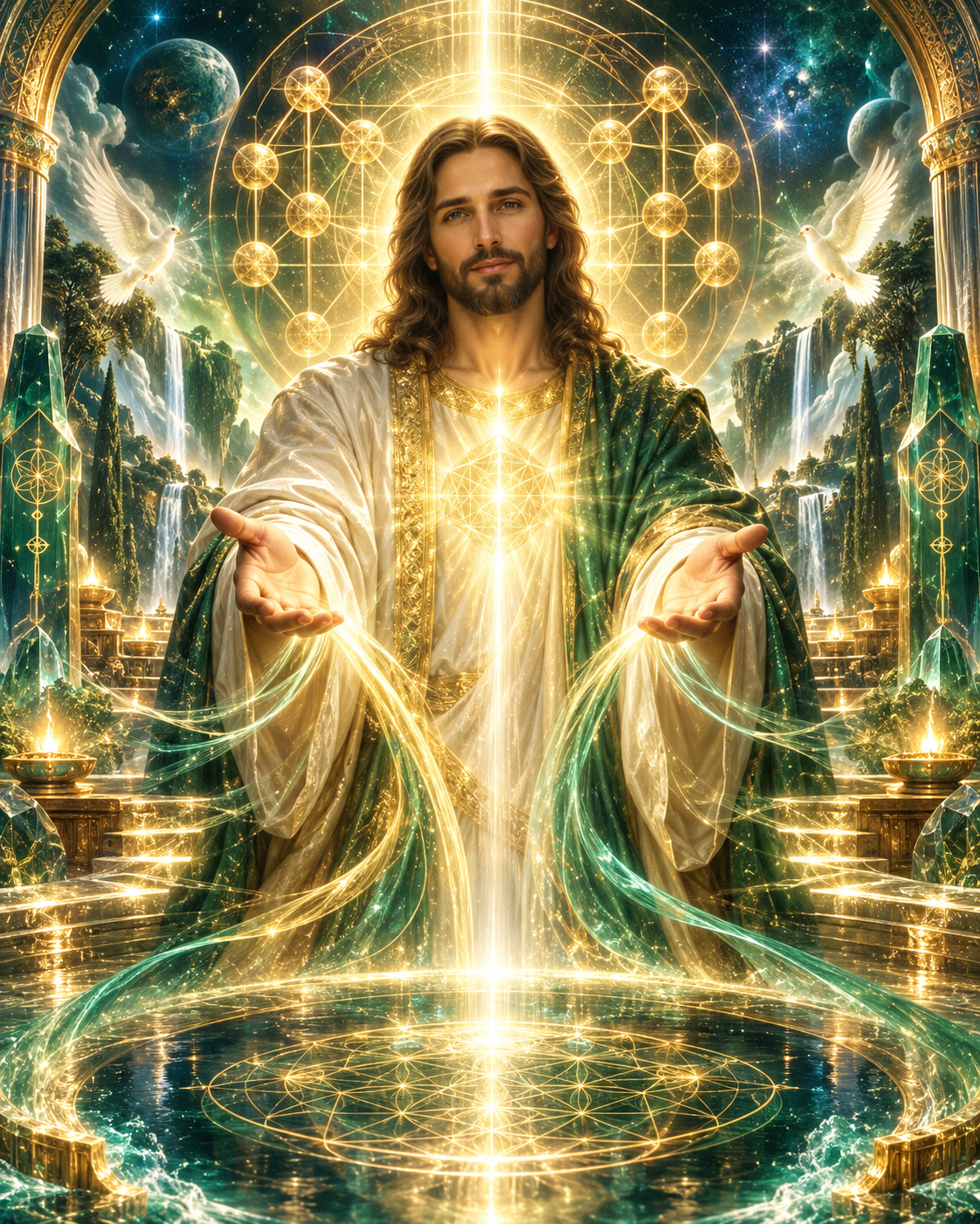 Representación artística de Jesús, el Árbol de la Vida de la Kabbalah y la energía universal