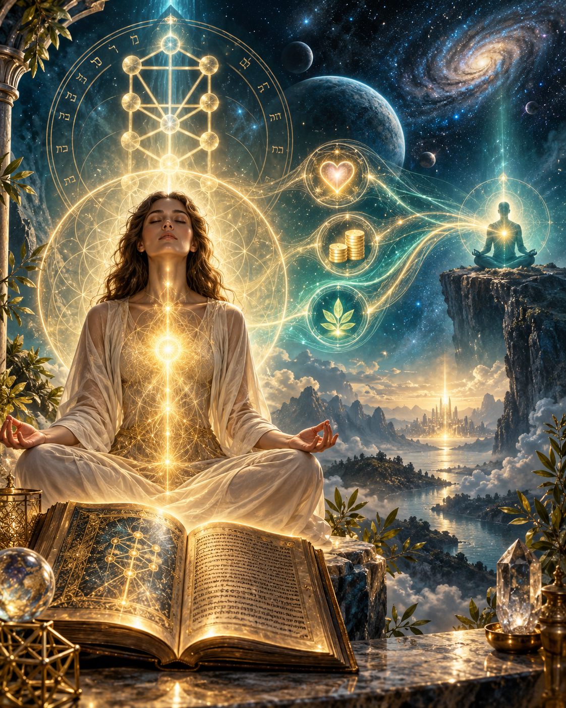 Ilustración espiritual de trabajo energético a distancia con símbolos cabalísticos, Árbol de la Vida y libro inspirado en el Zóhar